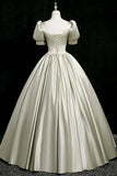 Gray Green Satin Long Prom Dress, Elegant Short Sleeve Evening Party Dress HZ0429