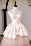Elegant Blush Pink A-Line Prom Evening Gown with Polka Dot Tulle Skirt HZ0429
