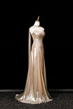 Champagne Sweep Train Floor Length Prom Dress, Champagne Mermaid Strapless Evening Party Dress HZ0429