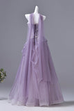 Purple Floral Embellished Tulle Prom Gown with Sheer Overlay | Strapless Formal Evening Dress HZ0429