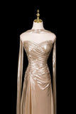 Champagne Sweep Train Floor Length Prom Dress, Champagne Mermaid Strapless Evening Party Dress HZ0429