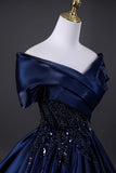 Elegant Navy Satin Beads Long Prom Dress, Off the Shoulder Evening Party Dress HZ0429