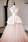Elegant Blush Pink A-Line Prom Evening Gown with Polka Dot Tulle Skirt HZ0429