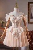 Champagne Tulle Lace Short Prom Dress, Off the Shoulder A-Line Party Dress HZ0429