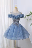Blue Lace Off-the-Shoulder Homecoming Dress, A-Line Sparkly Tulle Party Dress HZ0429