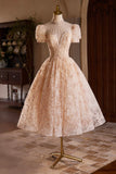 Cute Tulle Flower Tea Length Prom Dress, Beautiful Short Sleeve A-Line Evening Party Dress HZ0429
