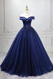 A-Line Tulle Beading Long Prom Dresses, Off the Shoulder Evening Dresses HZ0429