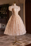 Cute Tulle Flower Tea Length Prom Dress, Beautiful Short Sleeve A-Line Evening Party Dress HZ0429