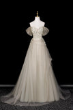 Elegant Off Shoulder Party Dress with Floral Bodice and Soft Tulle Skirt HZ0429