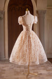Cute Tulle Flower Tea Length Prom Dress, Beautiful Short Sleeve A-Line Evening Party Dress HZ0429
