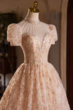 Cute Tulle Flower Tea Length Prom Dress, Beautiful Short Sleeve A-Line Evening Party Dress HZ0429