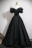 A-Line Satin Long Prom Dress, Black Off the Shoulder Evening Party Dress HZ0429