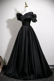 A-Line Satin Long Prom Dress, Black Off the Shoulder Evening Party Dress HZ0429