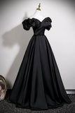 A-Line Satin Long Prom Dress, Black Off the Shoulder Evening Party Dress HZ0429