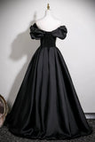 A-Line Satin Long Prom Dress, Black Off the Shoulder Evening Party Dress HZ0429