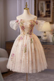 Champagne Tulle Sequins Short Prom Dress, Lovely A-Line Homecoming Party Dress HZ0429