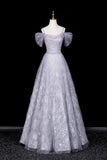 Silver Gray Tulle Snowflake Prom Gown | Off Shoulder Evening Dress with Sparkle HZ0429