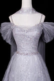 Silver Gray Tulle Snowflake Prom Gown | Off Shoulder Evening Dress with Sparkle HZ0429