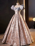 Stylish Floor-Length Printing Prom Dresses, A-Line Short Sleeve Backless Evening Formal Dresses HZ0429