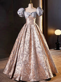 Stylish Floor-Length Printing Prom Dresses, A-Line Short Sleeve Backless Evening Formal Dresses HZ0429