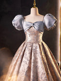 Stylish Floor-Length Printing Prom Dresses, A-Line Short Sleeve Backless Evening Formal Dresses HZ0429