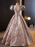 Stylish Floor-Length Printing Prom Dresses, A-Line Short Sleeve Backless Evening Formal Dresses HZ0429
