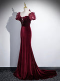 Burgundy Velvet Long Prom Dress, Mermaid Short Sleeve Evening Party Dress HZ0429