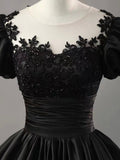 Black Scoop Neckline Satin Lace Long Prom Dress, A-Line Short Sleeve Party Dress HZ0429