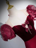 Burgundy Velvet Long Prom Dress, Mermaid Short Sleeve Evening Party Dress HZ0429