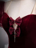 Burgundy Velvet Long Prom Dress, Mermaid Short Sleeve Evening Party Dress HZ0429