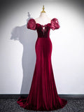 Burgundy Velvet Long Prom Dress, Mermaid Short Sleeve Evening Party Dress HZ0429