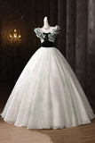White Tulle and Green Printed Pattern Long Prom Dresses, Beautiful Evening Dresses HZ0429