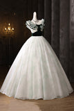 White Tulle and Green Printed Pattern Long Prom Dresses, Beautiful Evening Dresses HZ0429