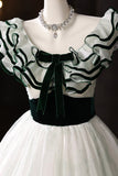 White Tulle and Green Printed Pattern Long Prom Dresses, Beautiful Evening Dresses HZ0429