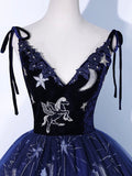 Navy Blue Tulle Long Prom Dress, Spaghetti Straps Lace Flower Backless Evening Dress HZ0429