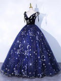 Navy Blue Tulle Long Prom Dress, Spaghetti Straps Lace Flower Backless Evening Dress HZ0429