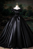 Black Satin Floor Length Prom Dress, Black Off the Shoulder Party Dress HZ0429