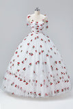 White Cherry Floor Length Prom Dresses, A-Line Ruffle Tulle Spaghetti Straps Princess Evening Dresses HZ0429