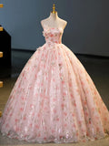 Beautiful Strapless Tulle Flower Long Prom Dress, Pink Ball Gown Formal Dress HZ0429