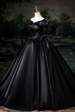Black Satin Floor Length Prom Dress, Black Off the Shoulder Party Dress HZ0429