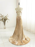 Gold Sequins Long Prom Dress, Mermaid Shiny Backless Evening Party Dress HZ0429