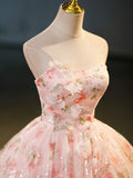 Beautiful Strapless Tulle Flower Long Prom Dress, Pink Ball Gown Formal Dress HZ0429