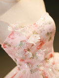 Beautiful Strapless Tulle Flower Long Prom Dress, Pink Ball Gown Formal Dress HZ0429