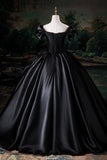 Black Satin Floor Length Prom Dress, Black Off the Shoulder Party Dress HZ0429
