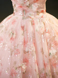 Beautiful Strapless Tulle Flower Long Prom Dress, Pink Ball Gown Formal Dress HZ0429