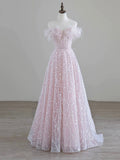 Sparkling Tulle Sequin Long Prom Dress, Off the Shoulder Pink Evening Party Dress HZ0429