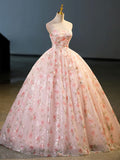 Beautiful Strapless Tulle Flower Long Prom Dress, Pink Ball Gown Formal Dress HZ0429