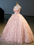 Beautiful Strapless Tulle Flower Long Prom Dress, Pink Ball Gown Formal Dress HZ0429