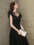 Black Tulle Beaded Long Prom Dress, Short Sleeve Evening Party Dress HZ0429