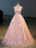 Beautiful Strapless Tulle Flower Long Prom Dress, Pink Ball Gown Formal Dress HZ0429